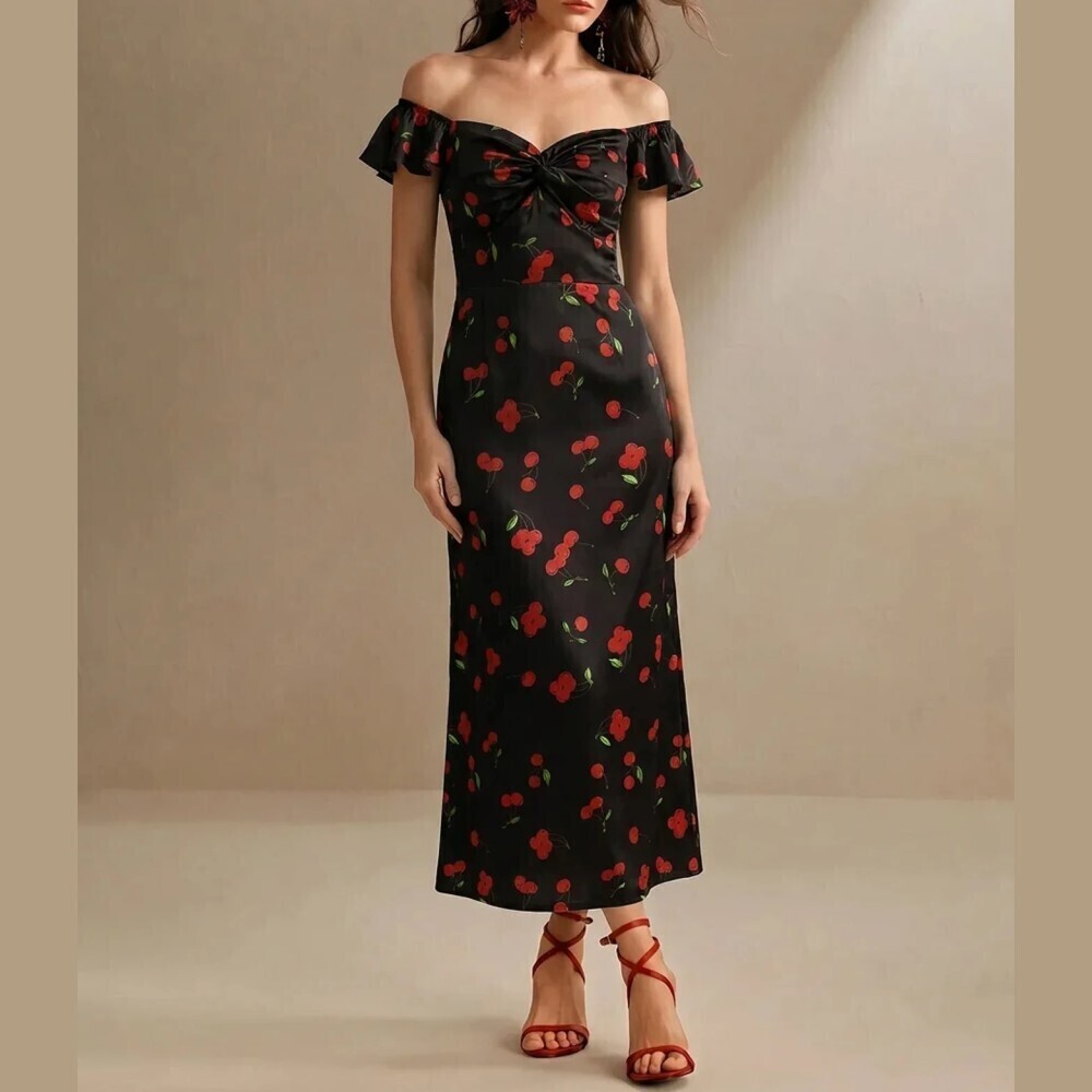 Black Cherry Print Satin Off Shoulder Twist Front Midi Dress